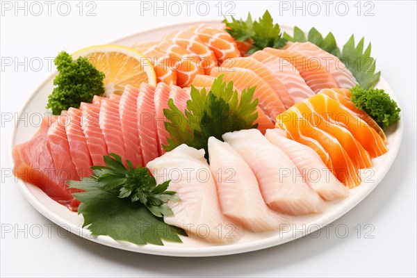Plate with different types of raw sashimi fish. KI generiert, generiert AI generated