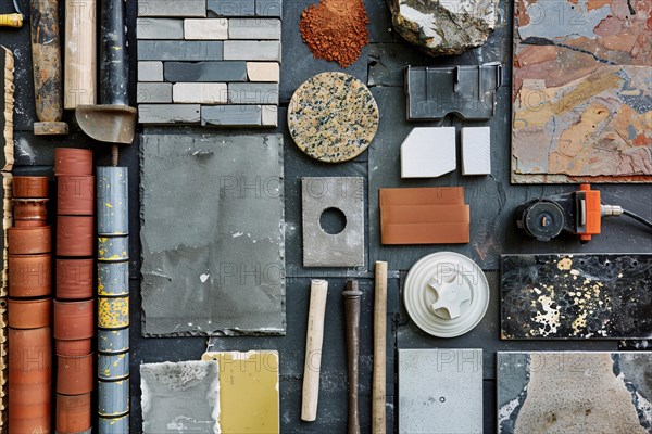 Various construction materials and tools neatly arranged, showcasing an array of textures and colors, AI generated