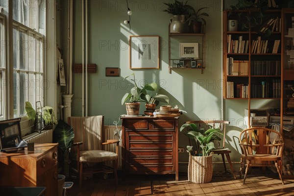 Peaceful corner with armchair and bookshelf surrounded by plants basking in sunlight, AI generated