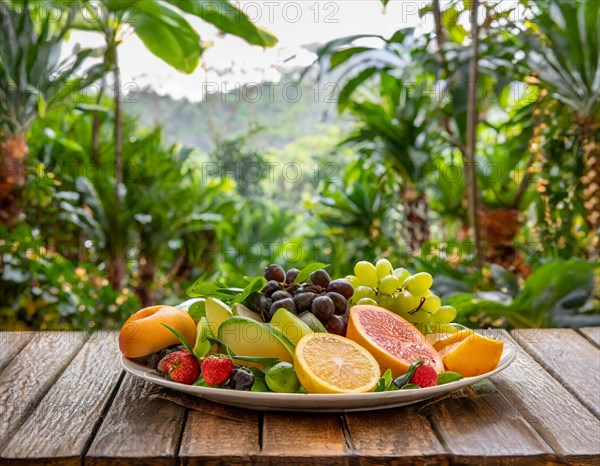 A plate of fruit against a lush green jungle background that conveys a feeling of freshness, AI generated, AI generated