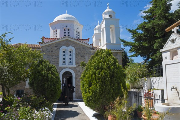Bright church with domes under a clear blue sky, nunnery, Holy Monastery of Timi Prodromos, Byzantine fortress, Koroni, Pylos-Nestor, Messinia, Peloponnese, Greece, Europe
