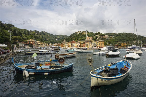 Village with colourful houses and harbour by the sea, Portofino, Province of Genoa, Liguria, Italy, Europe