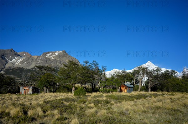 Shelters at the base camp of Cerro San Lorenzo, Perito Moreno National Park, Patagonia, Argentina, South America
