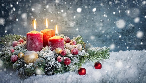 Ai generated, Advent wreath with burning candles, Christmas time, Christmas decoration, 3rd Advent, Third Advent