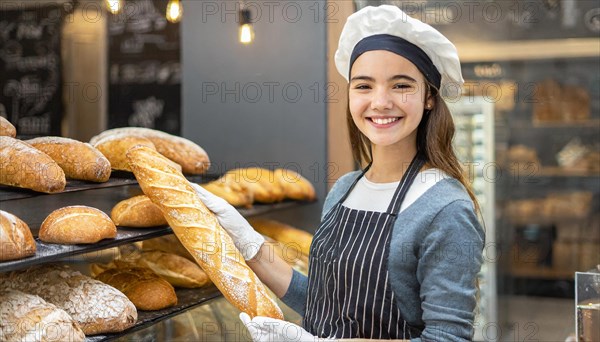 Ai generated, woman, 20, 25, years, shows, bakery, bakery shop, baquette, white bread, France, Paris, Europe