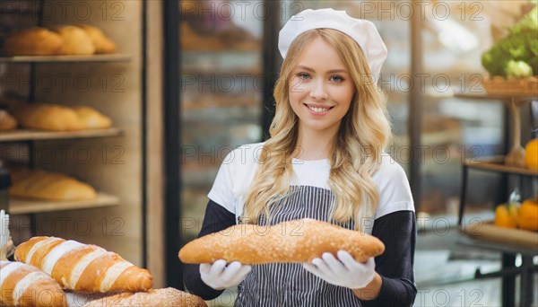 Ai generated, woman, 20, 25, years, shows, bakery, bakery shop, baquette, white bread, France, Paris, Europe