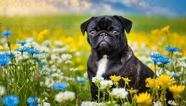 KI generated, animal, animals, mammal, mammals, dog, domestic dogs (Canis lupus familiaris), flower meadow, spring