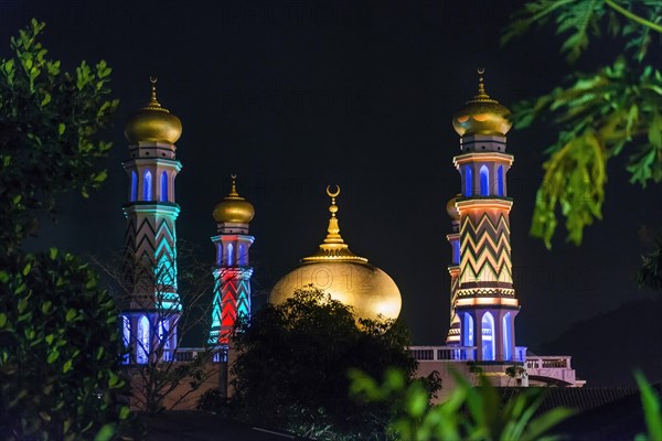 Mosque in Krabi, Muslim, Islam, church, religion, night shot, evening, illuminated, architecture, Orient, oriental, faith, sacral building, building, temple, culture, Muslim, world religion, history, cultural history, colourful, colourful, architecture, religious, holy, pray, prayer house, pilgrimage site, Thailand, Asia