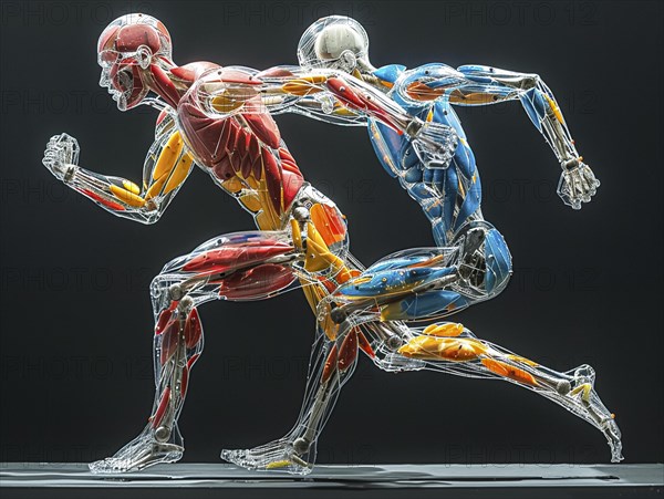Two coloured, transparent anatomical models in racing pose next to each other, AI generated, AI generated