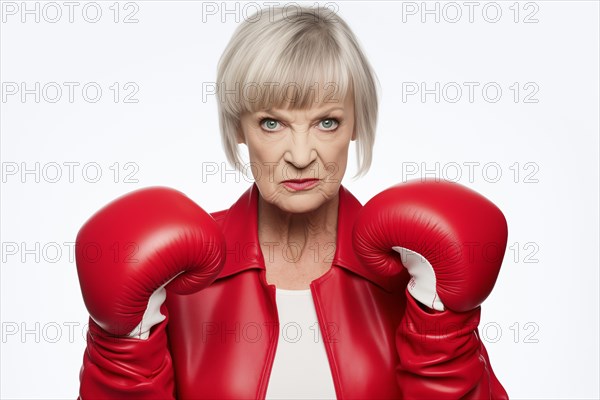 An older woman with boxing gloves looks confidently and resolutely into the camera, symbolic image for self-defence at an advanced age, AI generated, AI generated, AI generated