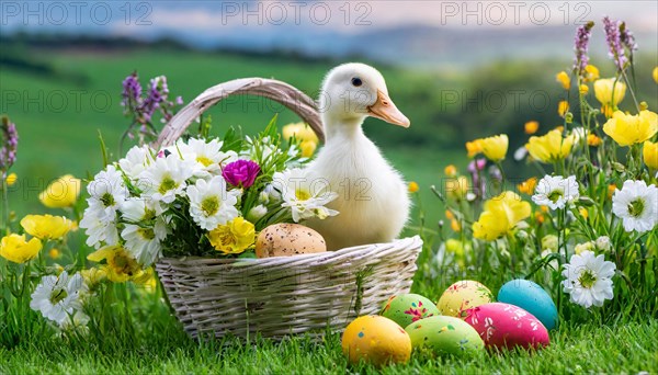 Ai generated, An Easter basket with coloured eggs in a meadow with colourful flowers, in the basket, white duck, domestic duck, symbolic picture Easter, animal children