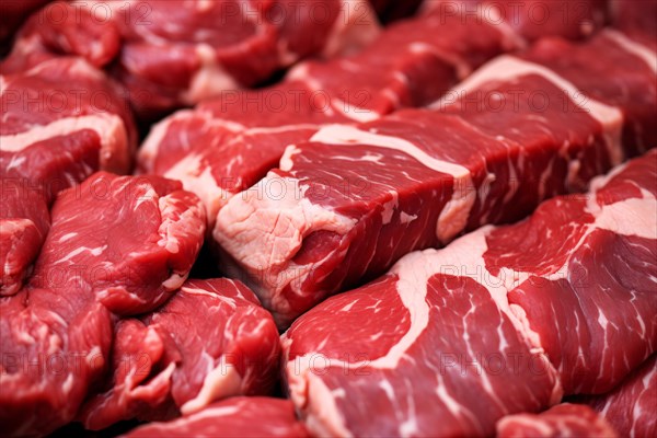 Close up of pieces of raw beef meat at butchery shop. KI generiert, generiert AI generated