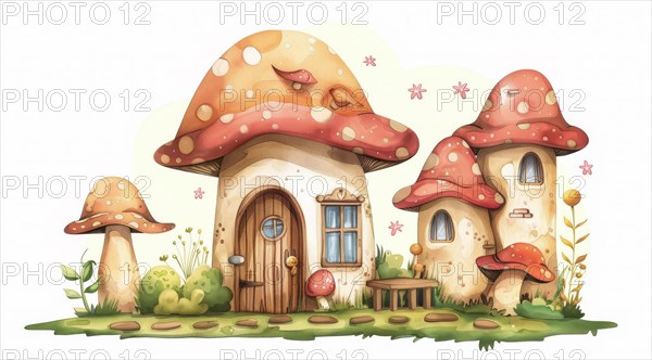 Illustration of a playful mushroom house with a welcoming green garden and an outdoor table setup, ai generated, AI generated