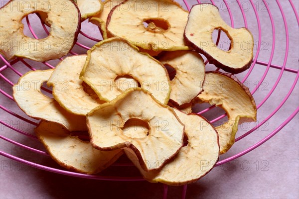 Dried apple rings on a wire rack, dried fruit