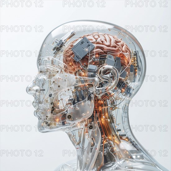 Medical a human head with brain and computer chip, symbol image KI in the human brain, ai generated, AI generated