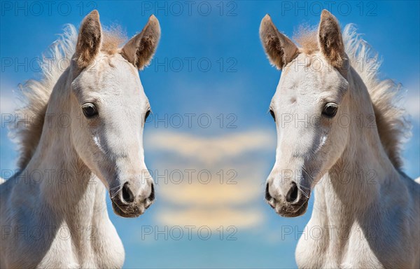 KI generated, Two white foals, portrait, blue sky, horses, grey foals, montage