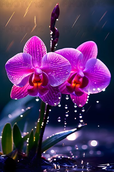 Pink orchid under gentle rain water droplets, AI generated