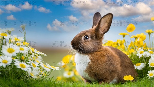 KI generated, A colourful dwarf rabbit in a meadow with white and yellow flowers, spring, side view, (Brachylagus idahoensis)