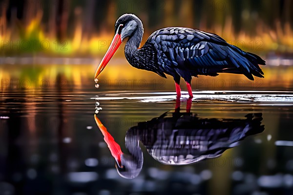 Black stork standing still in calm water reflection mirrored, AI generated