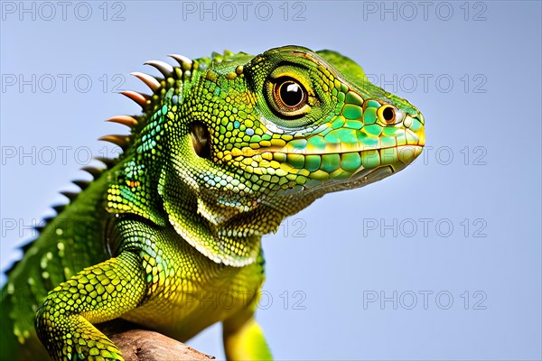 European green lizard portrait with its vibrant colors in hues of green and blue, AI generated