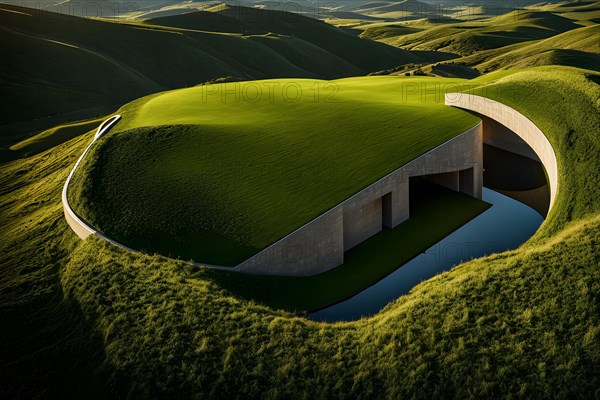 House nestled within a hillside grass blanketed roof harmonizing with the landscape, AI generated, building, architecture, modern