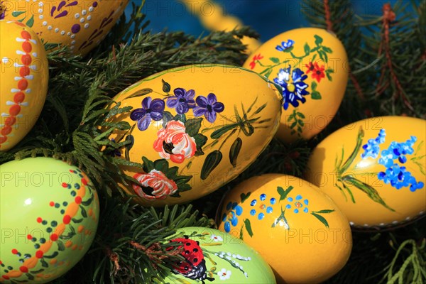 Detail of an Easter fountain in Franconian Switzerland, Bamberg district, Upper Franconia, Germany, many colourful blown-out and dyed eggs as decoration, Easter custom, Europe