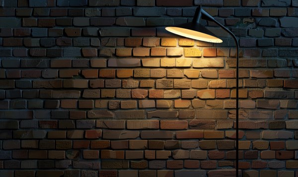 A contemporary adjustable floor lamp casts a warm glow on a brick wall, with distinct shadows AI generated