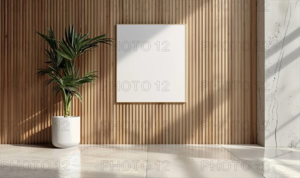 Bright interior space with wood paneling and an empty frame on the wall with a potted plant AI generated