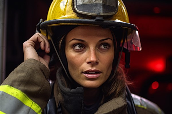 Female firefighter with yellow safety helmet. KI generiert, generiert AI generated