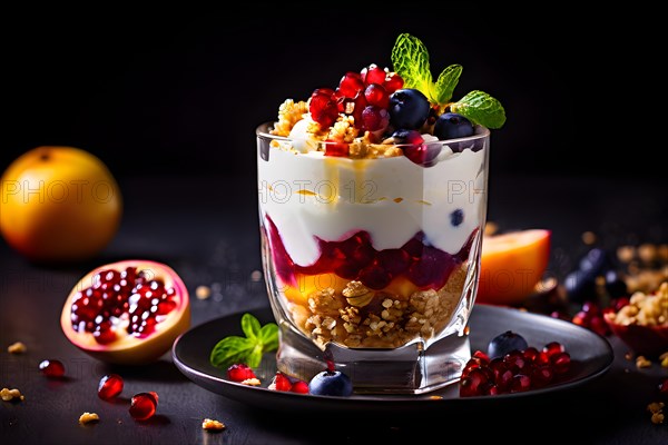 Parfait glass greek yogurt with textured layering visible granola, AI generated