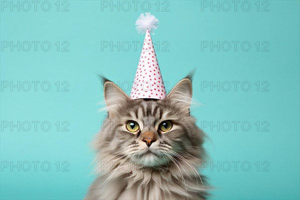 Portrait of cat with birthday party hat in front of blue studio background. KI generiert, generiert AI generated