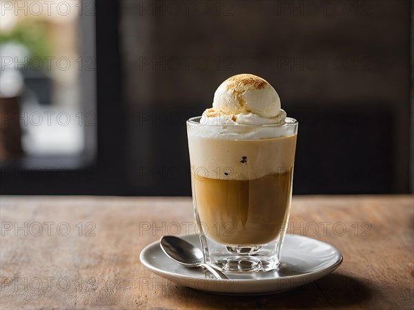 Affogato al caff featuring a scoop of vanilla bean ice cream drowned in a shot of hot espresso, AI generated