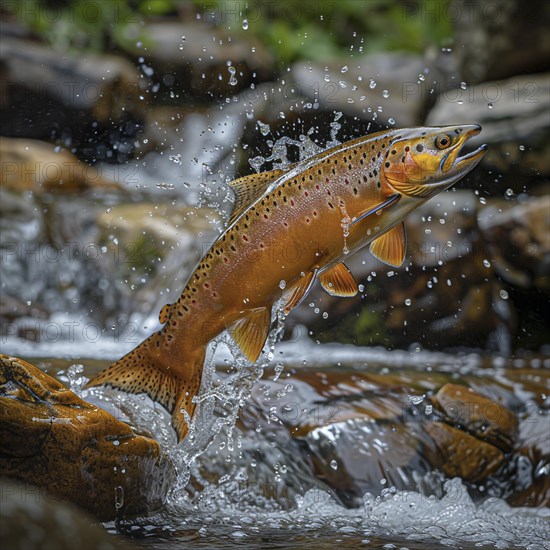 Salmon (Salmo salar) on the migration and swim up a stream in shallow, clear water, ai generiert, AI generated