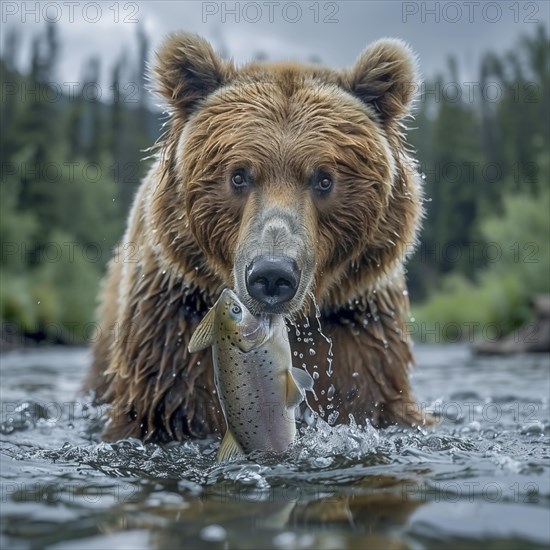 A brown bear hunts salmon in shallow clear water, AI generated