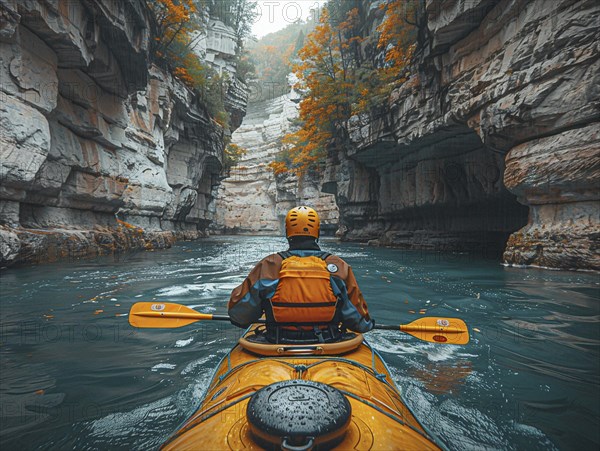 Whitewater riders ride boats through rapids, AI generated