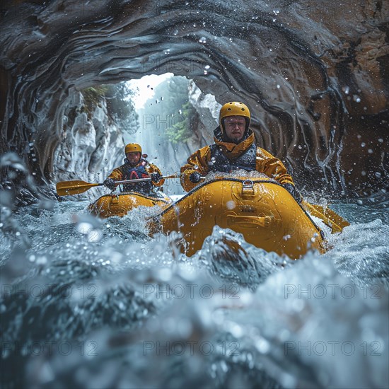 Whitewater riders ride boats through rapids, AI generated