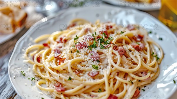 Creamy spaghetti carbonara topped with parmesan, bacon bits, and parsley, ai generated, AI generated