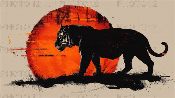 A silhouette of a walking tiger on an orange textured background, ai generated, AI generated