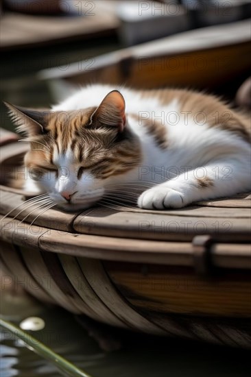 A cute white brown cat sleeps peacefully on the edge of a boat by the water, vertical aspect, AI generated