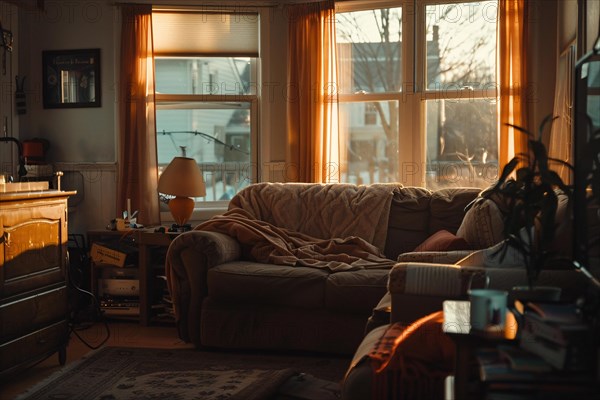 Warm sunlight baths a cozy living room with comfortable furniture, AI generated