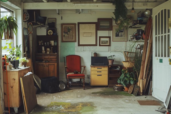 A cozy and personalized garage converted into a creative home office with plants and vintage decor, AI generated