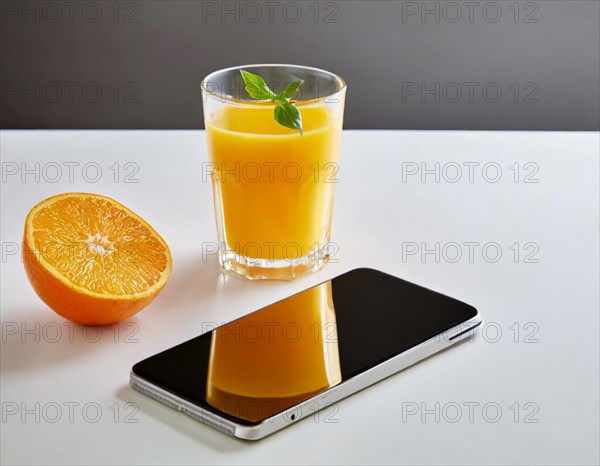 A glass of orange juice with basil next to a halved orange and a smartphone on a light-coloured surface, AI generated, AI generated