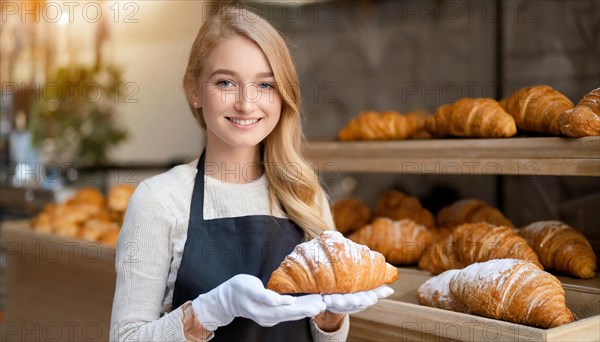 KI generated, woman, 20, 25, years, shows, bakery, bakery shop, baquette, white bread, croissant, France, Paris, Europe