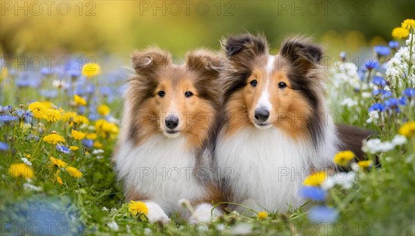 KI generated, Two long-haired collies lying in a colourful flower meadow, (Canis lupus familiaris), Lassie