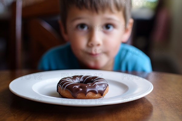 Plate with donut on table with child in blurry background. Concept for unhealthy eating habbits with children. KI generiert, generiert AI generated