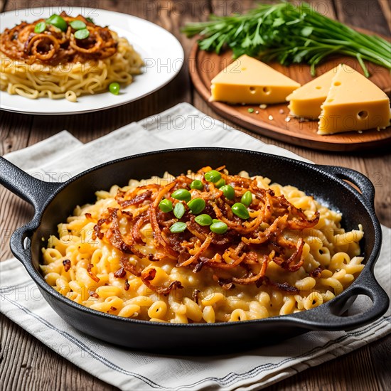 Cheese spaetzle nestled in a cast iron skillet strands of golden cheese, AI generated