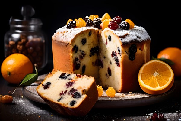 Panettone traditional milanese christmas bread brimming with candied fruit, AI generated