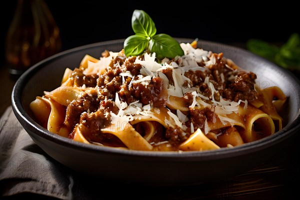 Pappardelle pasta entangled in a savory wild boar ragu, AI generated