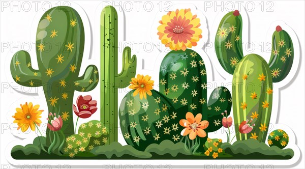 Various cartoon cacti decorated with stars and flowers in a happy setting, ai generated, AI generated