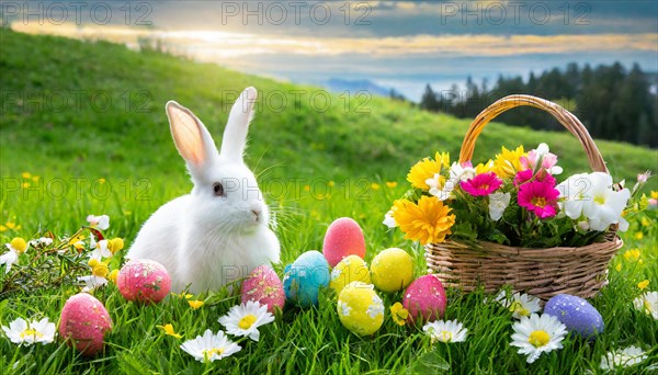 Ai generated, An Easter basket with coloured eggs in a meadow with colourful flowers, in the basket a white rabbit, symbolic picture Easter, animal children, dwarf rabbit